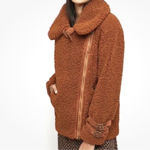 Marrakech Anthropologie Women size Small brown fuzzy Teddy Moto zip jacket - Picture 1 of 15